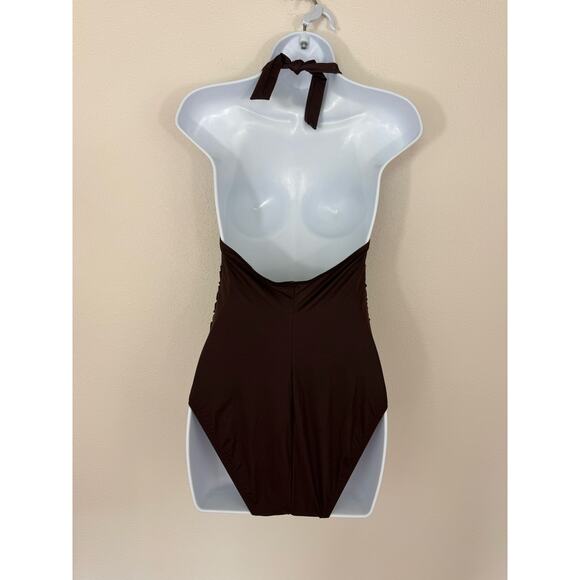 Magicsuit Brown Ruched Halter One Piece Swimsuit | Size 8 | New Without Tags - Picture 3 of 6